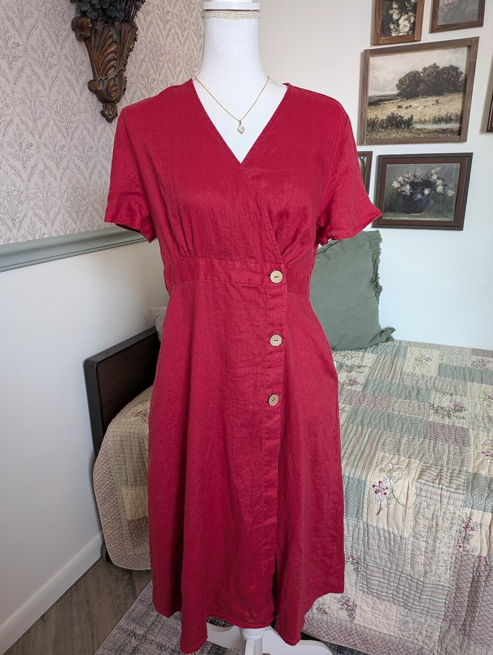 Grae Cove 100% Linen True Wrap Midi Dress Flutter Sleeve Pockets S
